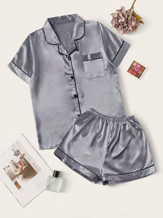 Women's Satin Pajama Set with Contrast Piping, Short Sleeve Button-Up Top & Shorts