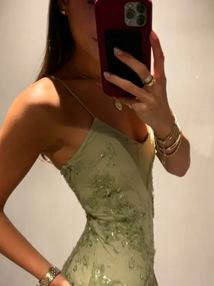 Women's Lace Spliced Dress Sage Green Floral Embroidery Spaghetti Strap Flowy Long Dress Elegant Bohemian Summer Party Dress