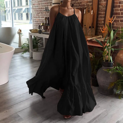 Spring Dress For Women Sexy Solid Strap Dress Pocket Loose Backless Big Swing Dresses Holiday Dresses For Women Wedding Guest