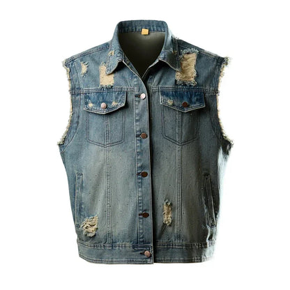 Blue Men's Ripped Sleeveless Denim Jacket, Single Breasted Loose Vintage Old Vest Coat, 2025 New
