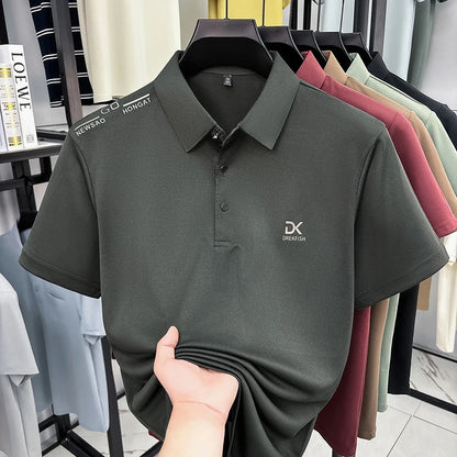 Mens Vertical Fine Rib Short Sleeve Polo Shirts Minimal Chest Embroidery Anti Crease Soft Comfort Daily Business Shirts