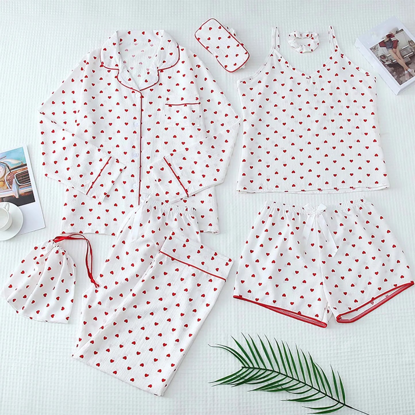 Women'S Spaghetti Strap Pajamas Set 7 Piece Cute Loungewear Shorts Pj Set Ladoes Pajamas Outfit Sleepwear For Sleeping піжама