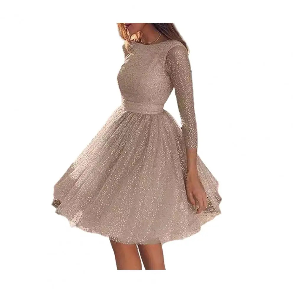 Dazzling Evening Gown Glitter Starry Tulle Prom Dress Crew Neck Formal Women Evening Dress Mesh Cocktail Party Short Dress 80%