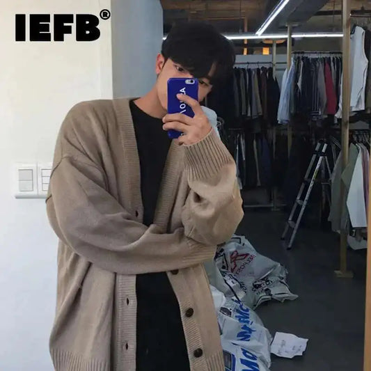 IEFB Men's Wear Knitted Sweater Loose V-neck Single-breasted Solid Color Knitting Cardigan Coat 2026 Spring New Trendy 9Y3266