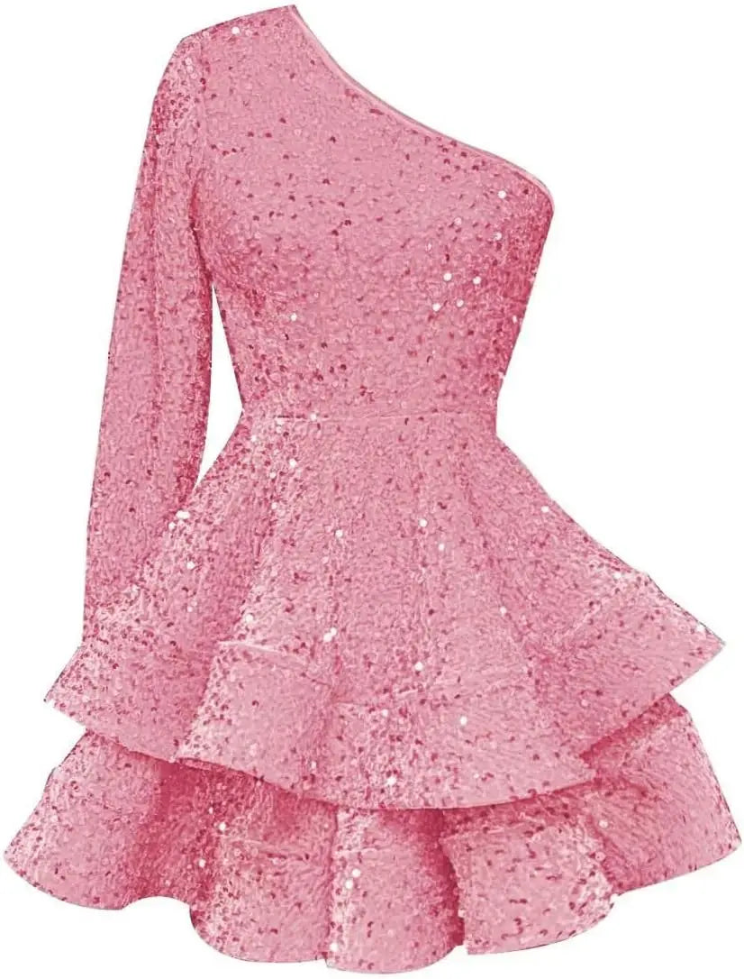Long Sleeve Velvet Sequin Homecoming Dresses Teens Sparkly One Shoulder Short Prom Dress Layered Cocktail Party Graduation Dress