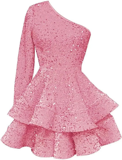 Long Sleeve Velvet Sequin Homecoming Dresses Teens Sparkly One Shoulder Short Prom Dress Layered Cocktail Party Graduation Dress