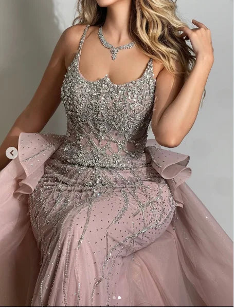 Customized Luxury Pink Spaghetti Strap Mermaid Beaded Prom Dresses with Overskirt Formal Party Gowns for Women Evening Dresses