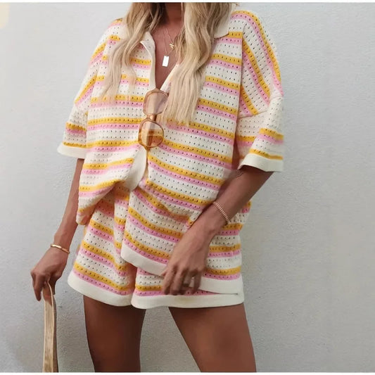 Hollow Striped Knitted 2 Pieces Set Short