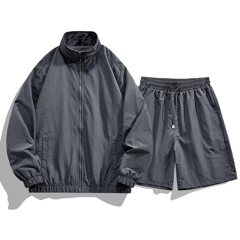 Summer Fashion Lightweight Breathable Sports and Leisure Set Outdoor Running Fitness UV Resistant Jacket Five Inch Shorts Set