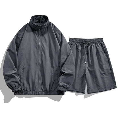 Summer Fashion Lightweight Breathable Sports and Leisure Set Outdoor Running Fitness UV Resistant Jacket Five Inch Shorts Set