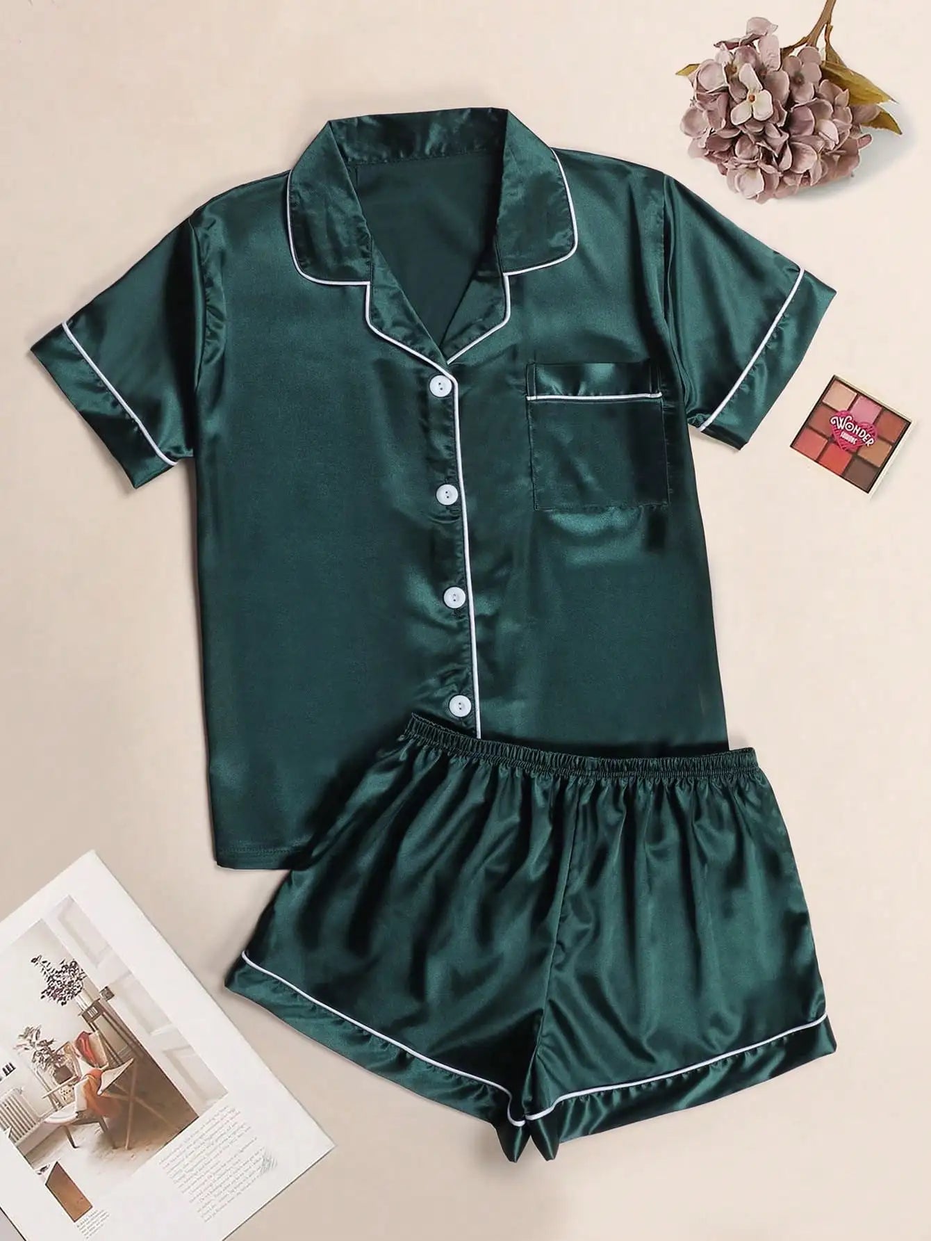 Women's Satin Pajama Set with Contrast Piping, Short Sleeve Button-Up Top & Shorts