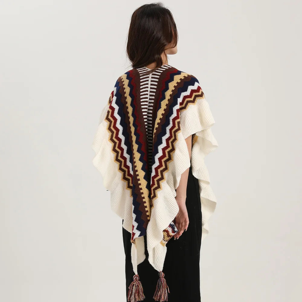 Women Spring Autumn Bohemia Shawl Lady Mohair Knitted Tassel Cardigan Retro Ethnic Wrap Striped Ruffled Scarf for Travel New in