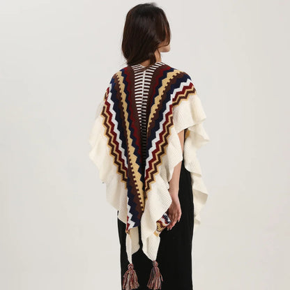 Women Spring Autumn Bohemia Shawl Lady Mohair Knitted Tassel Cardigan Retro Ethnic Wrap Striped Ruffled Scarf for Travel New in