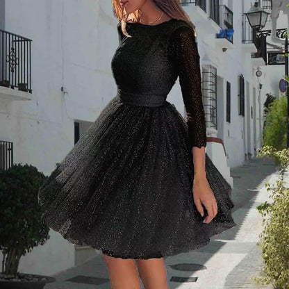 Dazzling Evening Gown Glitter Starry Tulle Prom Dress Crew Neck Formal Women Evening Dress Mesh Cocktail Party Short Dress 80%