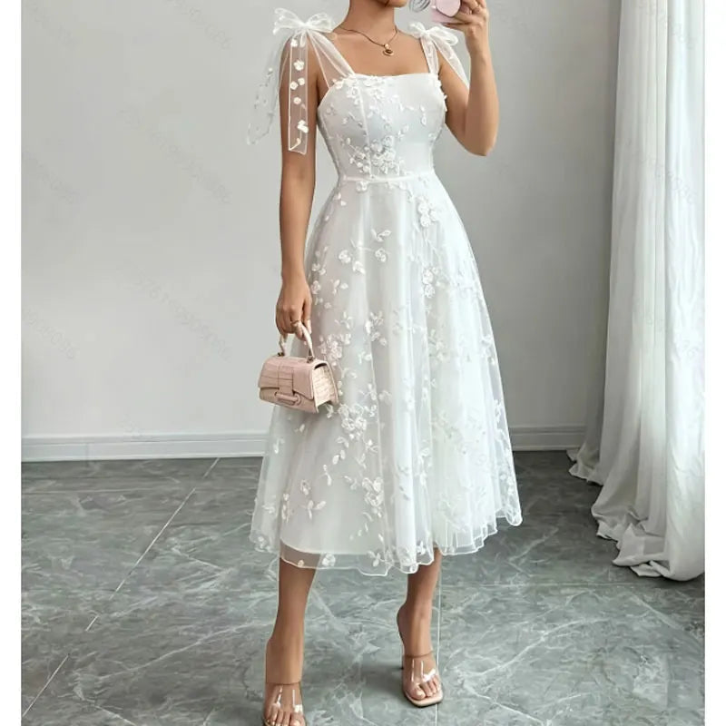 Fairy White Evening Dresses Customized Sleeveless Draped Tea-Length A-Line Princess Gowns Special Occasion Birthday Party Dress