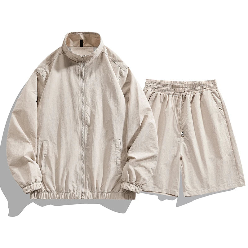 Summer Fashion Lightweight Breathable Sports and Leisure Set Outdoor Running Fitness UV Resistant Jacket Five Inch Shorts Set
