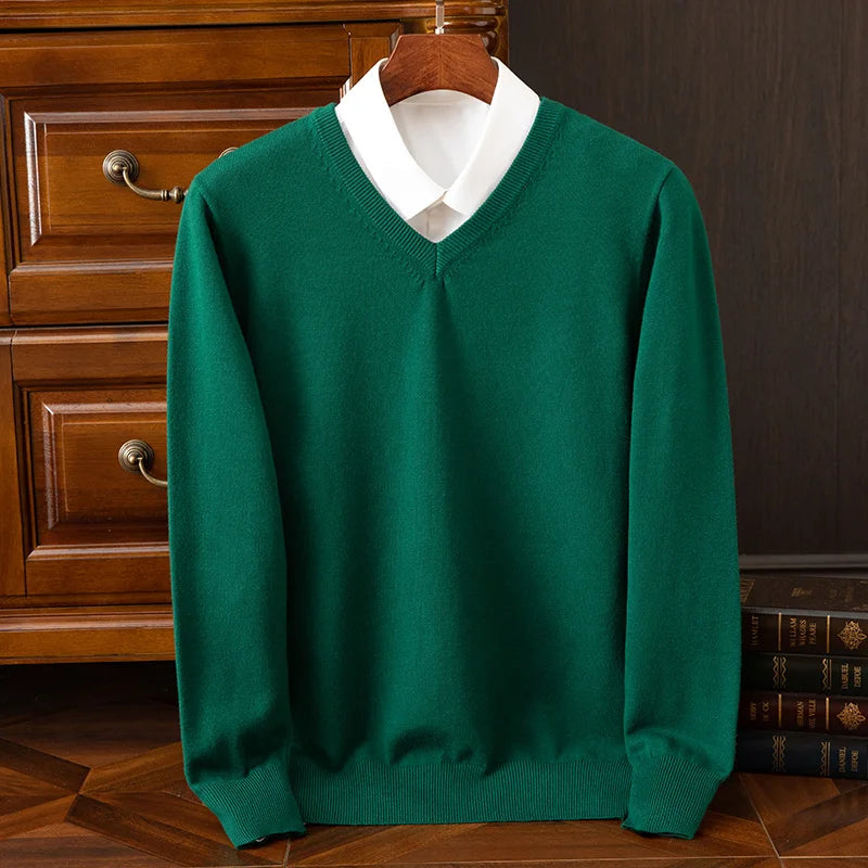 Autumn Winter Basic Merino Wool V-neck Sweater Men's Fashionable Casual Business Knitwear Cashmere Pullover Clothing Tops