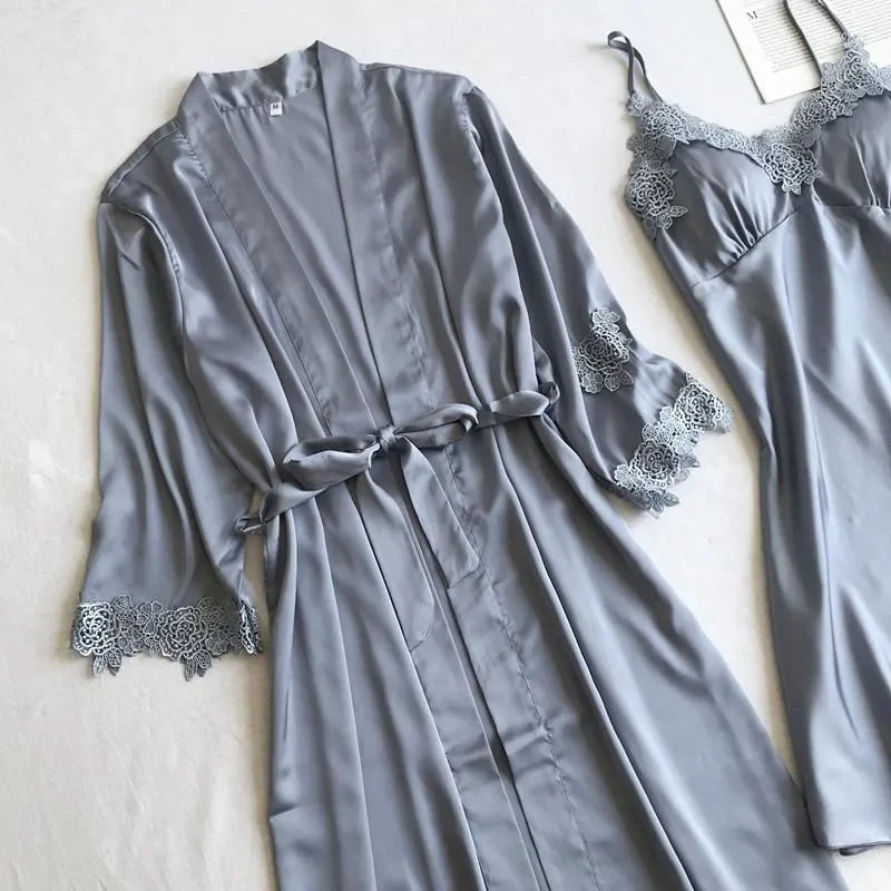 Women's Sleepwear Gray 5PCS Nightgown Set Women Lace Nightwear V-Neck Pajamas Suit Homewear Spring Robe Gown Sleep Wear Pijama Negligee