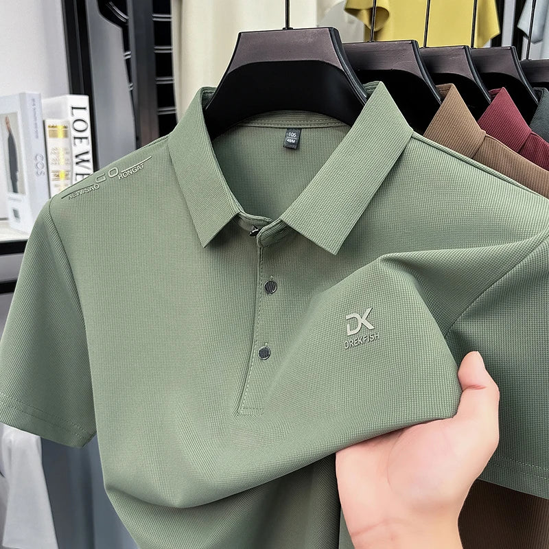 Mens Vertical Fine Rib Short Sleeve Polo Shirts Minimal Chest Embroidery Anti Crease Soft Comfort Daily Business Shirts