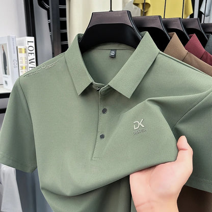 Mens Vertical Fine Rib Short Sleeve Polo Shirts Minimal Chest Embroidery Anti Crease Soft Comfort Daily Business Shirts