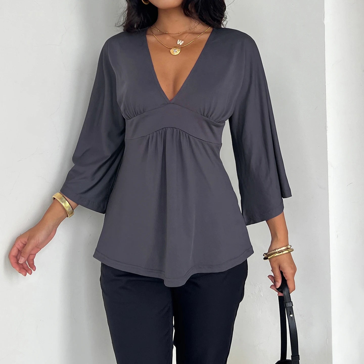 [RUOKE] Women Casual Deep V Neck Blouse Loose Fit Long Sleeve Top Flowy Bell Sleeve Tunic Shirt Daily T-shirt Sexy Summer Outfit