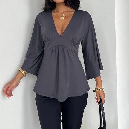 [RUOKE] Women Casual Deep V Neck Blouse Loose Fit Long Sleeve Top Flowy Bell Sleeve Tunic Shirt Daily T-shirt Sexy Summer Outfit