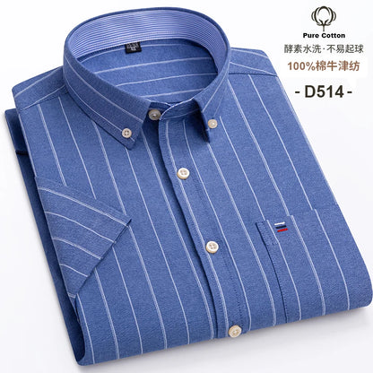 100%Pure Cotton Oxford Men's Shirts Short Sleeve Plaid Soft Regular Fit Formal Dress Shirt Social Blouse Male Clothes 6XL 7XL