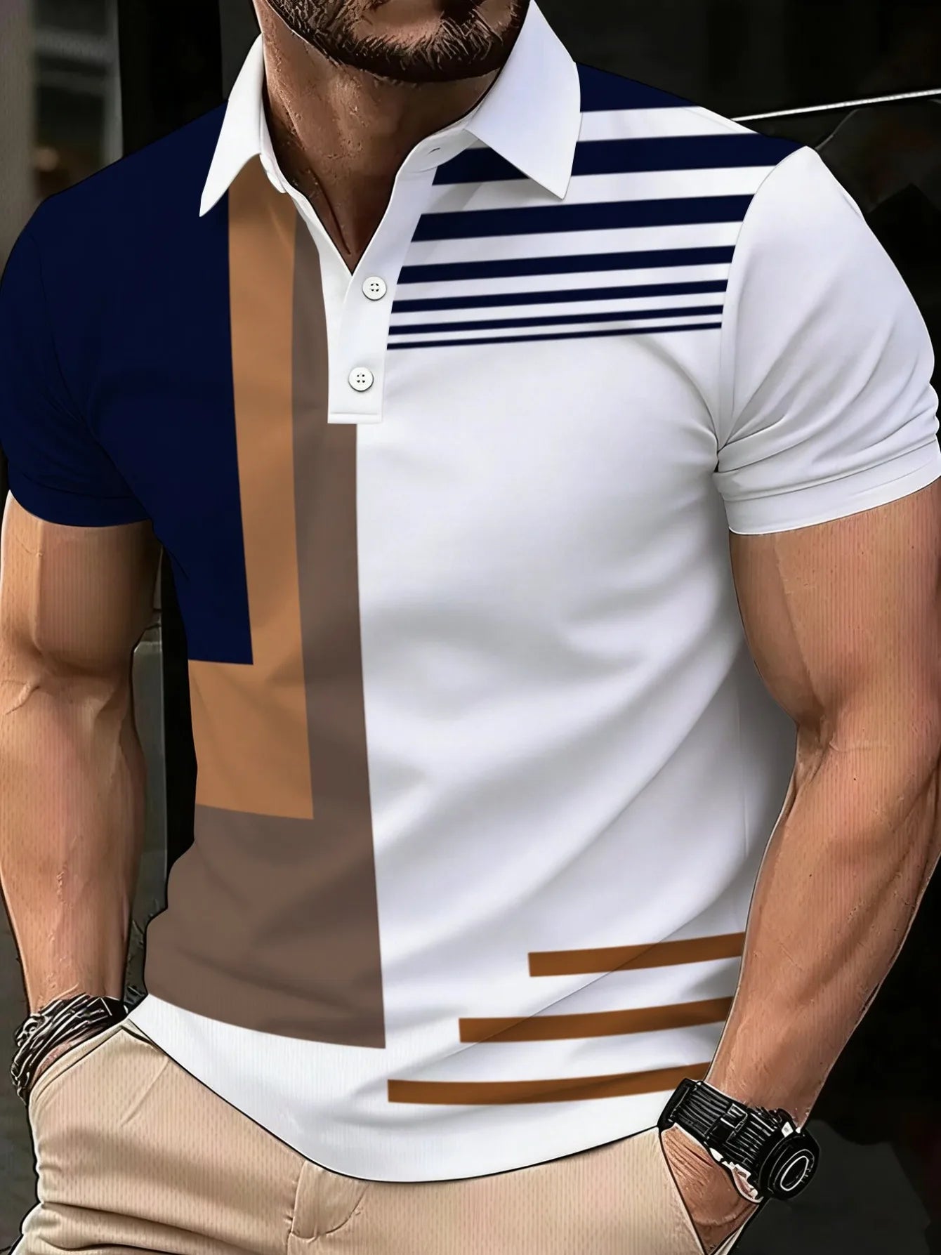 2026 Summer New Style Men's Short-Sleeved Polo Shirt With 3D Stripes Pattern Print Street Casual Fashion Breathable