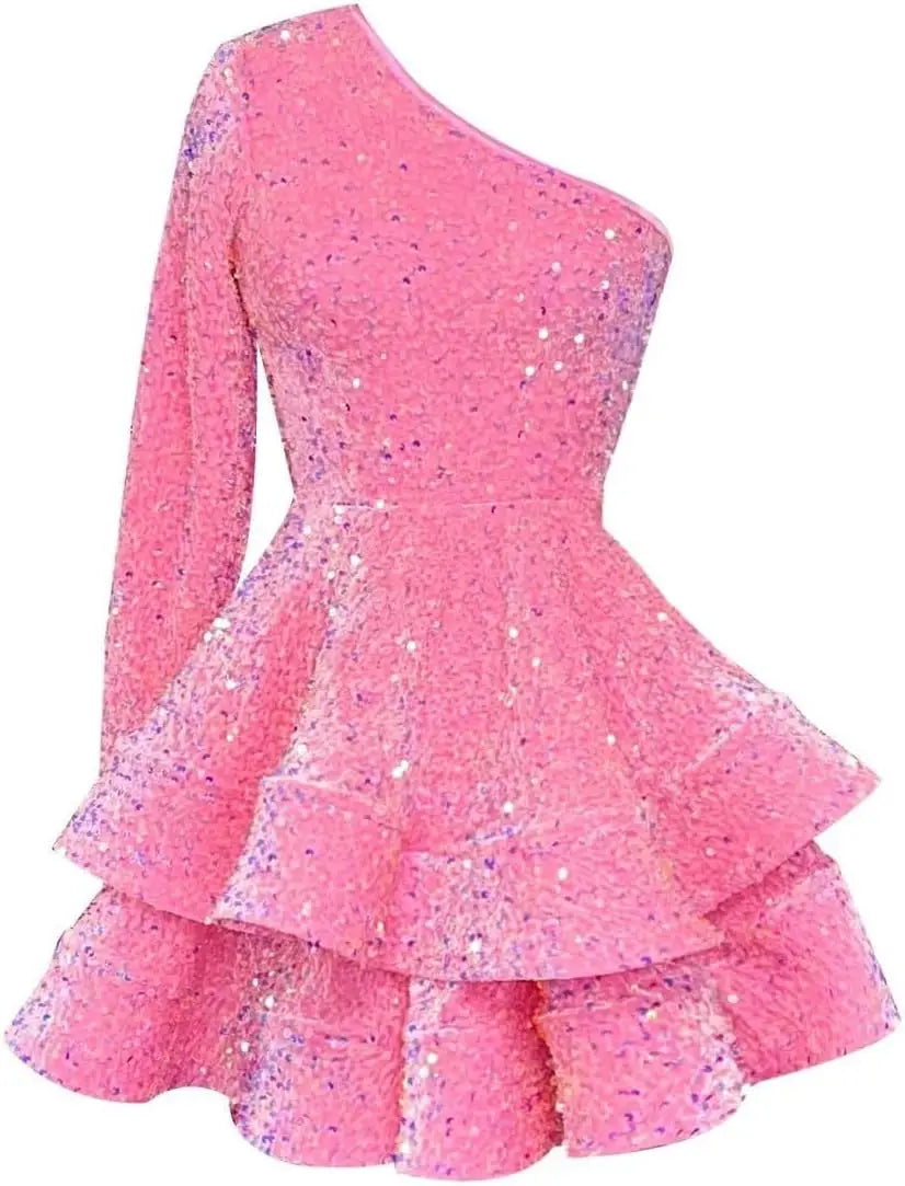 Long Sleeve Velvet Sequin Homecoming Dresses Teens Sparkly One Shoulder Short Prom Dress Layered Cocktail Party Graduation Dress