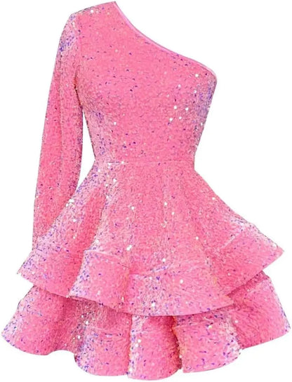 Long Sleeve Velvet Sequin Homecoming Dresses Teens Sparkly One Shoulder Short Prom Dress Layered Cocktail Party Graduation Dress