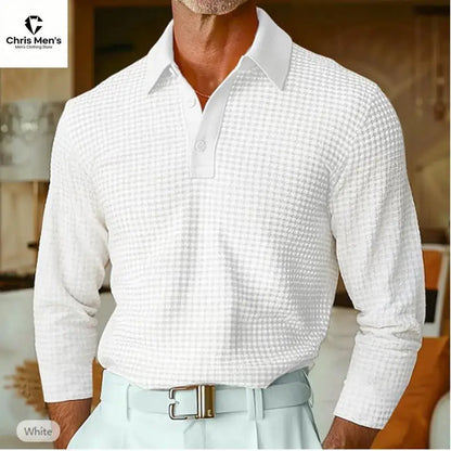 Men's Waffle Knit Long Sleeve Polo Shirt, Solid Textured Casual Golf Shirt, Breathable Pullover for Business & Daily