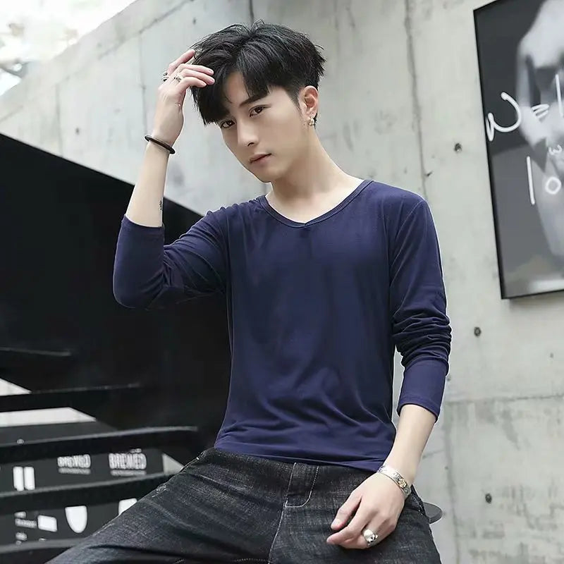 Business Style Long Sleeve T-Shirt for Men Loose Fit Thin Cotton Top Youth Version Bottom Shirt for Work Autumn Wear