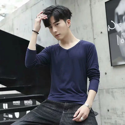 Business Style Long Sleeve T-Shirt for Men Loose Fit Thin Cotton Top Youth Version Bottom Shirt for Work Autumn Wear