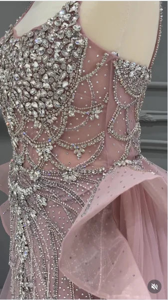 Customized Luxury Pink Spaghetti Strap Mermaid Beaded Prom Dresses with Overskirt Formal Party Gowns for Women Evening Dresses