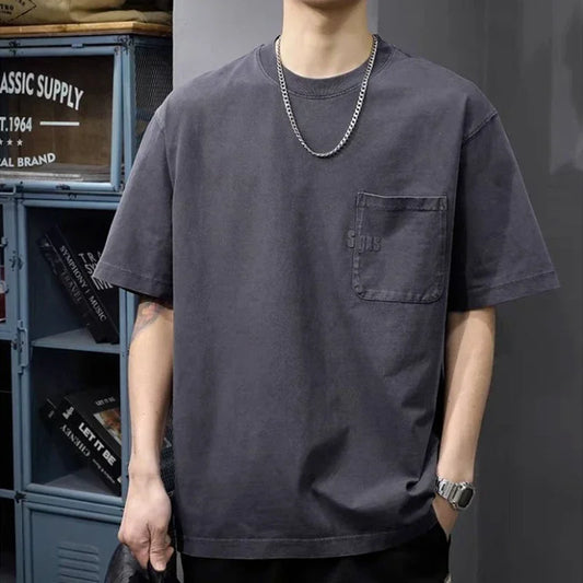 Summer Men's Cotton Pocket Short Sleeve T-shirts Y2K Vintage Crewneck Tee Tops 2026 New High Street Fashion Oversized T Shirt