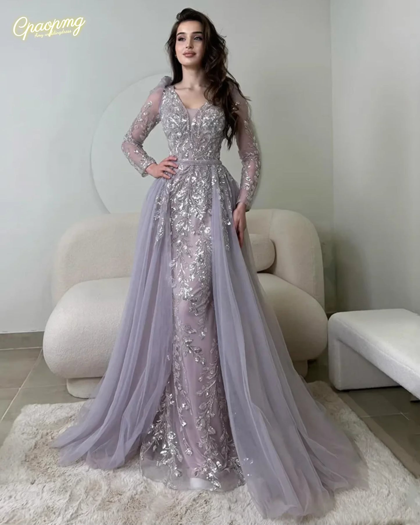 Customized Sparkling Beaded Applique Evening Dress with Tulle Train V Neck Long Sleeves Mermaid Party Gown Formal Dresses