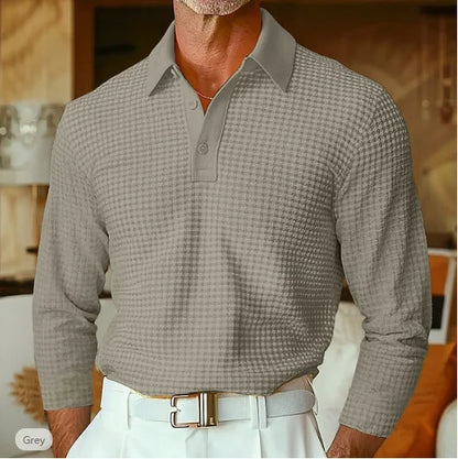 Men's Waffle Knit Long Sleeve Polo Shirt, Solid Textured Casual Golf Shirt, Breathable Pullover for Business & Daily