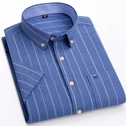 100%Pure Cotton Oxford Men's Shirts Short Sleeve Plaid Soft Regular Fit Formal Dress Shirt Social Blouse Male Clothes 6XL 7XL