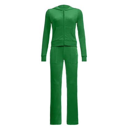 Women Velvet Jogging Suit Autumn Casual Velour Hoodie Cropped Top Jacket With Wide Leg Pants Tracksuits Women's Two Piece Set