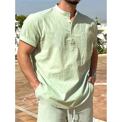 Summer Hot Sale Men's Cotton Linen T-shirt Henley Neck Casual Breathable Lightweight Solid Color Pocket Fashion Button Tops