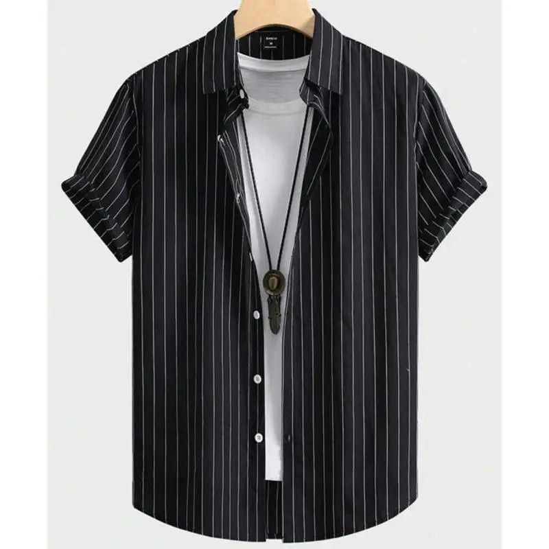 Alternating Striped Man Shirt Summer Minimalist Shirts Beach Casual Style Short Sleeved White  Shirt Men's Hawaii Vacation Tops