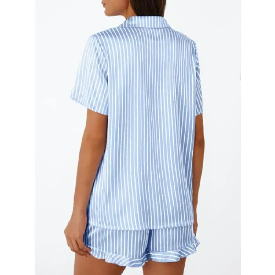 LILLUSORY Womens Satin Silk Pajamas Set 2 Pcs Ruffle Pjs Winter Matching Lounge Sleepwear Button Down Striped Shirt Shorts