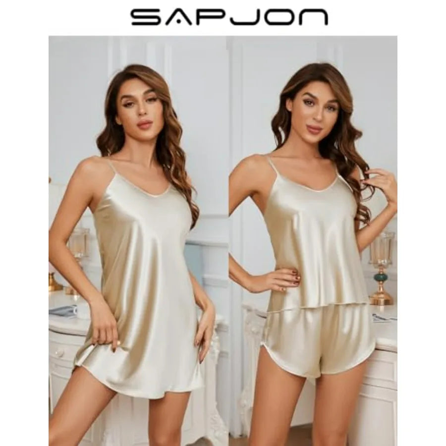 SAPJON Silk Pajamas for Women 5Pcs Sleepwear Loungewear Satin Robe Cami Shorts Pj Set