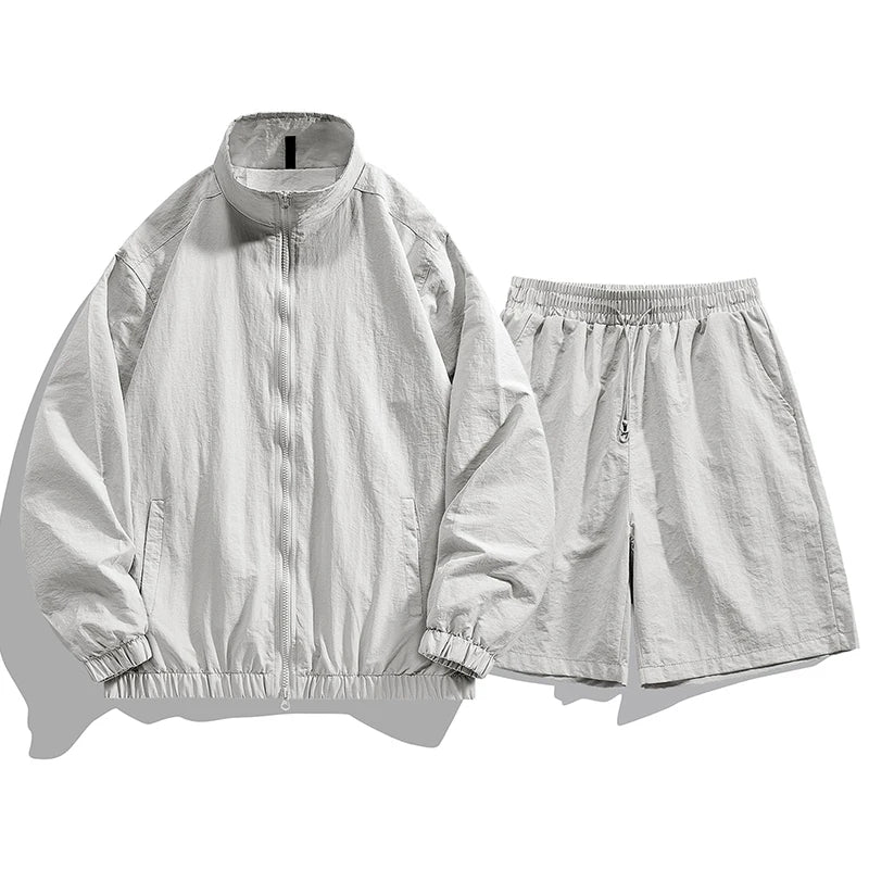 Summer Fashion Lightweight Breathable Sports and Leisure Set Outdoor Running Fitness UV Resistant Jacket Five Inch Shorts Set