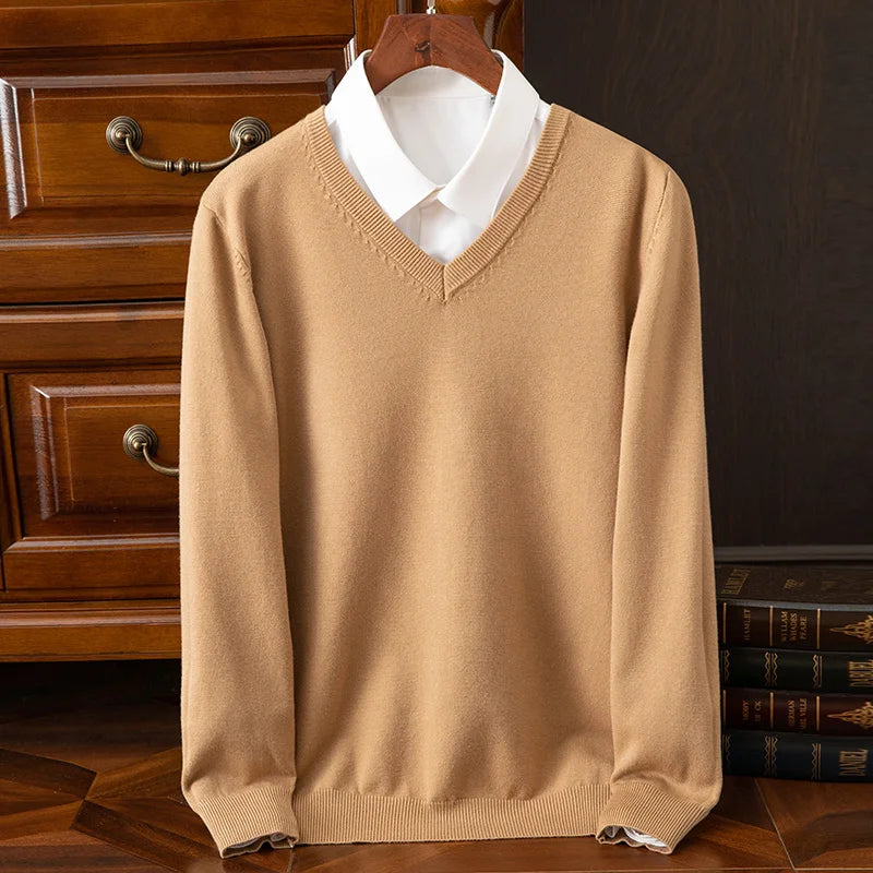 Autumn Winter Basic Merino Wool V-neck Sweater Men's Fashionable Casual Business Knitwear Cashmere Pullover Clothing Tops