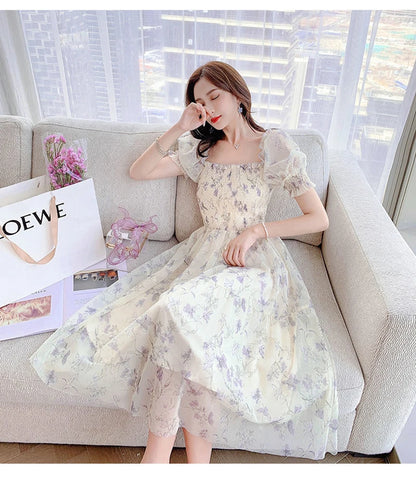 Zoki Elegant Floral Chiffon Party Dress Women Fashion Puff Sleeve A Line Midi Dress Sweet Square Collar Korean Female Vestidos