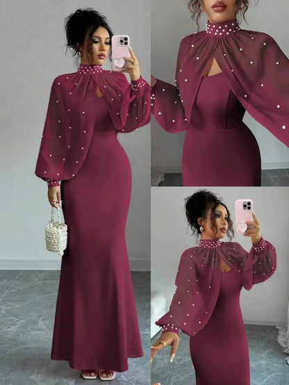 Elegant Pink Mermaid Gown with Beaded Sheer Capelet, Bodycon Slip Dress Set