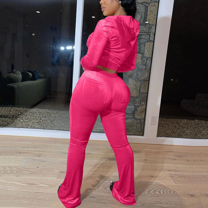 Women Velvet Jogging Suit Autumn Casual Velour Hoodie Cropped Top Jacket With Wide Leg Pants Tracksuits Women's Two Piece Set