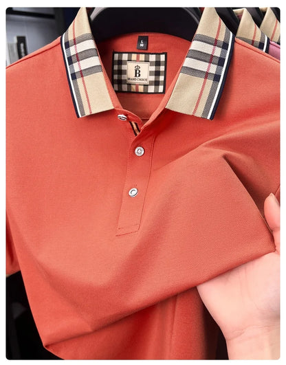 High end silky cotton breathable short sleeve polo shirt men's summer new trend plaid lapel designer brand casual golf T-shirt