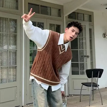 Men's Brown Cable Knit Vest V-Neck Contrast Trim Preppy Style Sleeveless Knitwear Casual Autumn Top